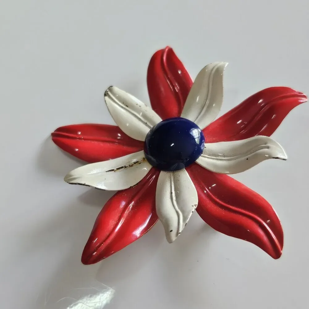 Vintage Large Patriotic Flower Brooch 4th Of July Red White Blue Metal
